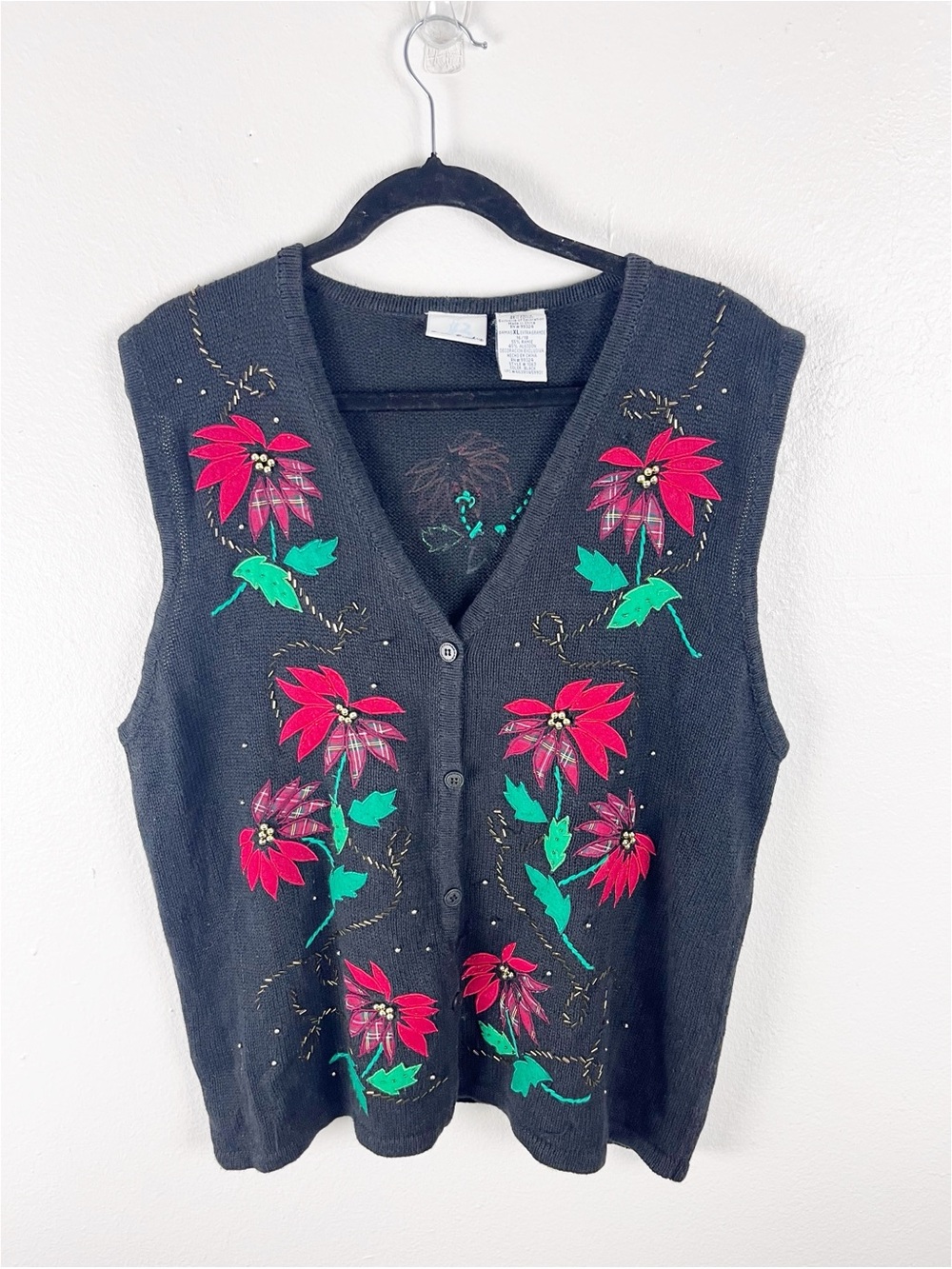 BOBBIE BROOKS Black Poinsettias Graphic Button V-Neck Sweater Cardigan Size XL